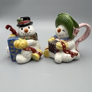 VTG Fitz & Floyd Frosty Folks Creamer Sugar‎ Spoon Set 90s Christmas Snowman